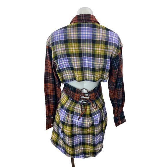 Circus NY Multicolor Plaid Colorblock Cutout Long Sleeve Mini Shirt Dress Size S - Picture 2 of 4